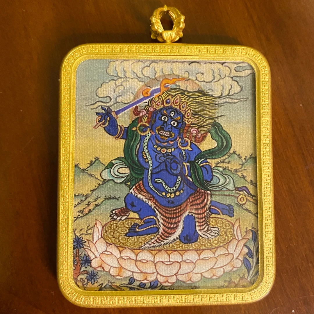 不动明王葛玛葛致风才让矿料手绘小唐卡4x5cm画芯  铜或钛钢壳任