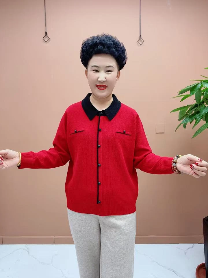 冬季时尚方领珍珠绒套头针织衫洋气百搭翻领气质显瘦长袖宽松减龄