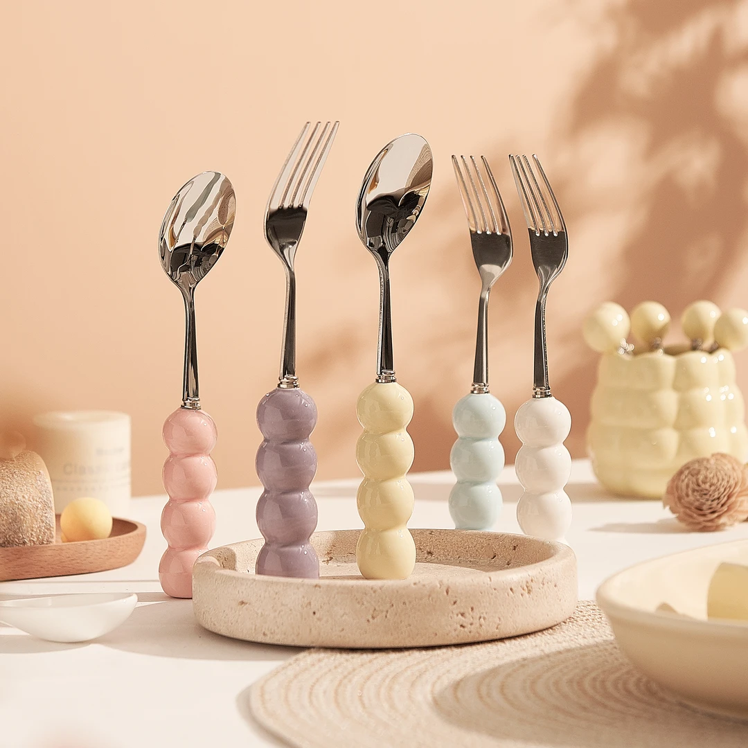 【糖葫芦2个装】奶fufu高颜值高档勺叉304不锈钢勺子叉子陶瓷手柄勺