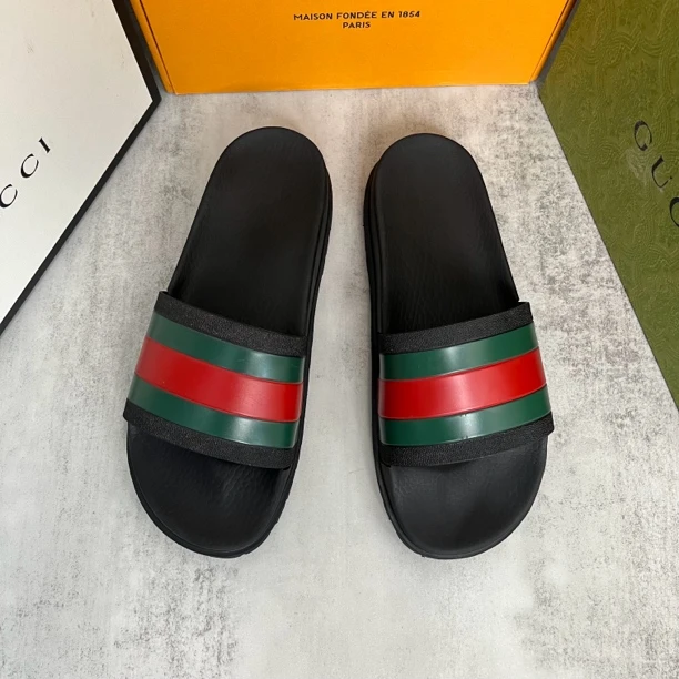 95新 GUCCI/古驰 红绿条纹织带夏天必备休闲拖鞋/42码/