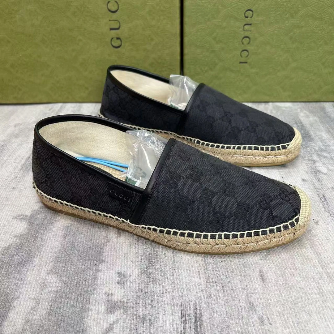 95新 GUCCI/古驰 黑色帆布双G老花满印渔夫鞋/95新41.5欧