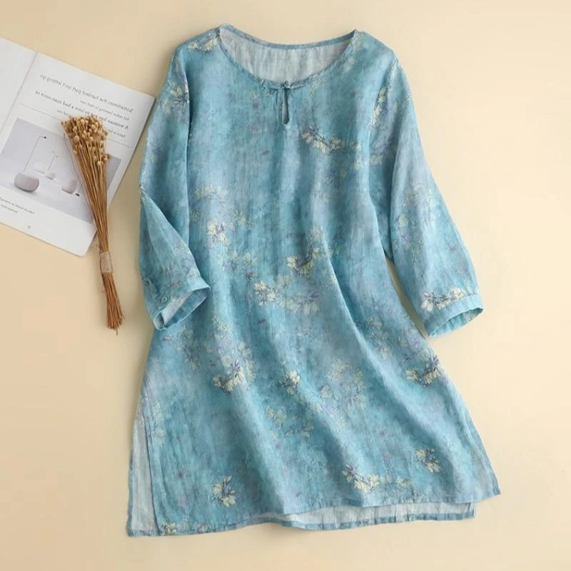 外贸单日系尾货剪标女新款中长款印花七分袖棉麻茶服苎麻衬衫上衣