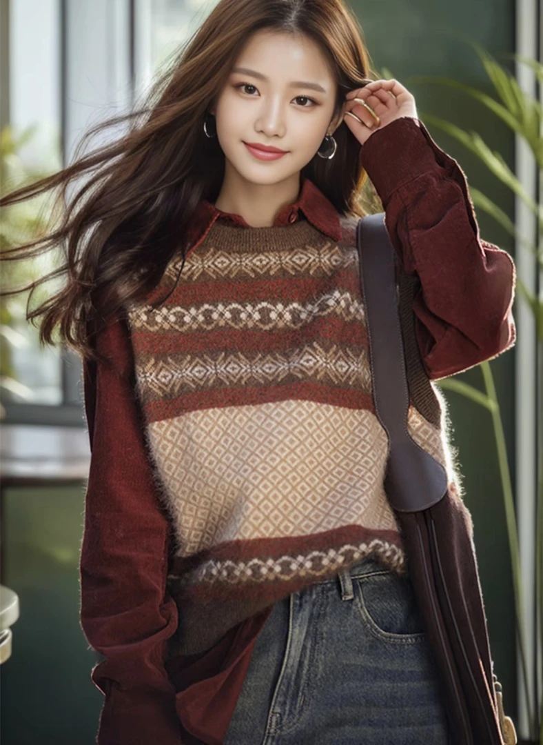 新款复古百搭宽松马甲提花加厚套头外穿秋冬时尚针织背心女拼色