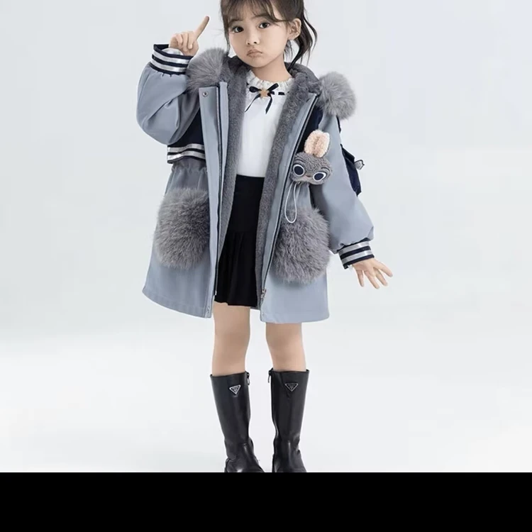 女童加绒外套秋冬款2024新款洋气女孩冬季派克服朱迪警官衣服儿童