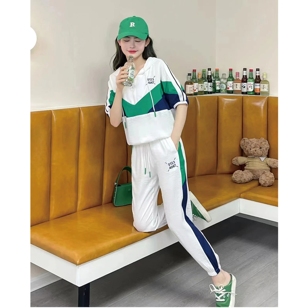 连帽短袖运动套装女夏季薄款2025新款宽松显瘦洋气减龄卫裤两件套