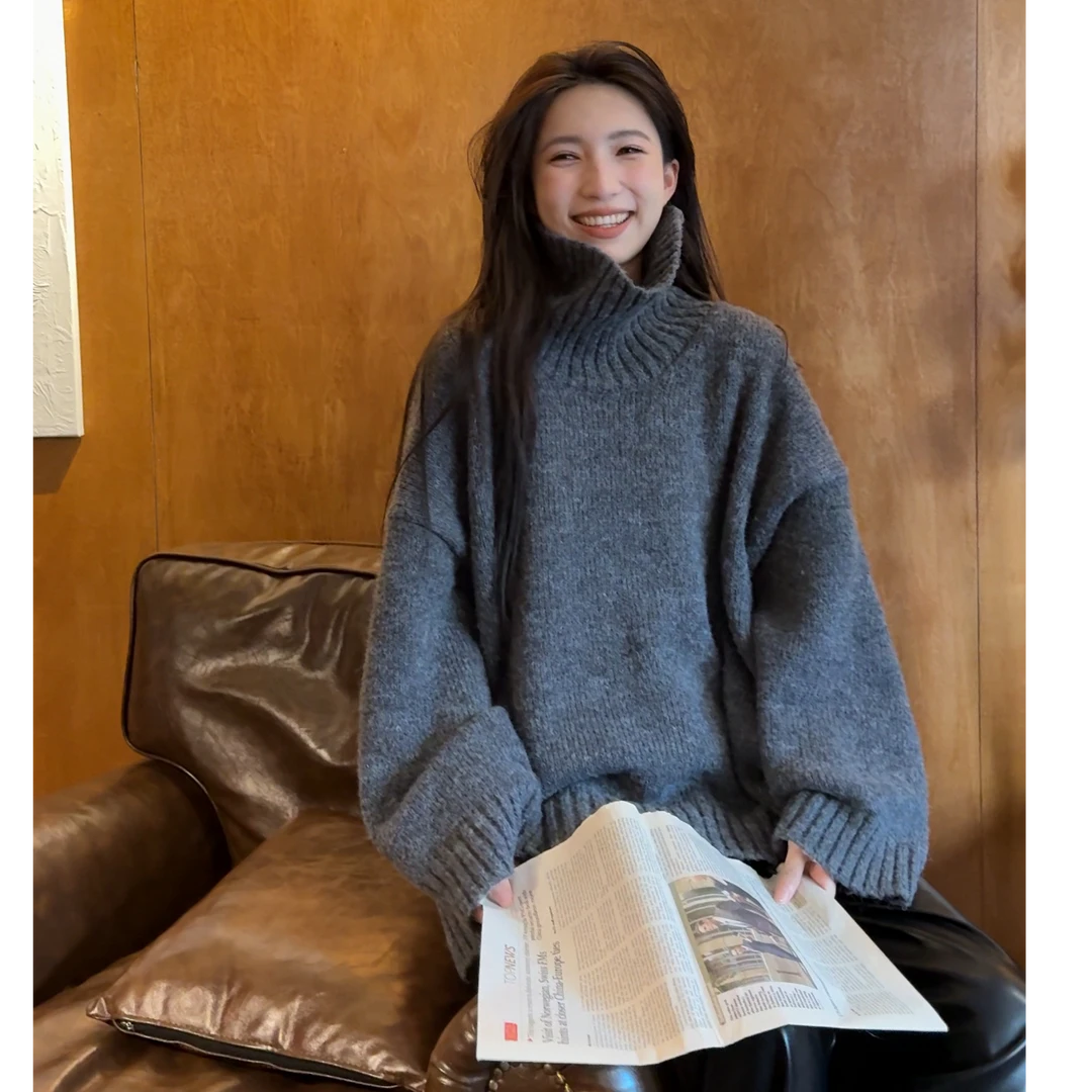 YSQ慵懒风日系百搭高领毛衣宽松纯色女冬季针织打底衫上衣686