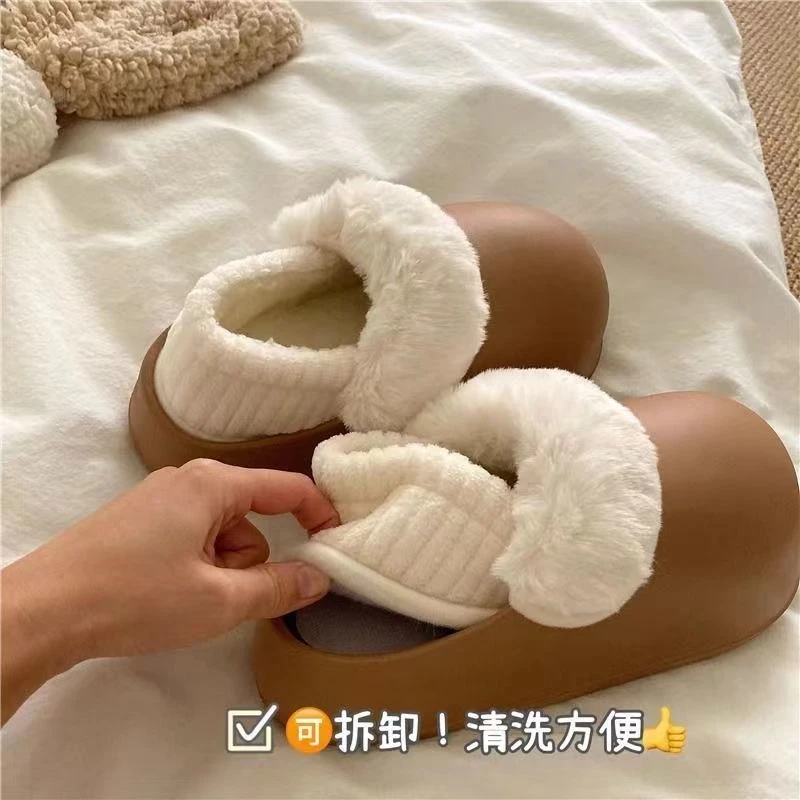 可拆卸棉拖鞋女冬季防水新款厚底室内保暖家居室内外穿防水圆头冬