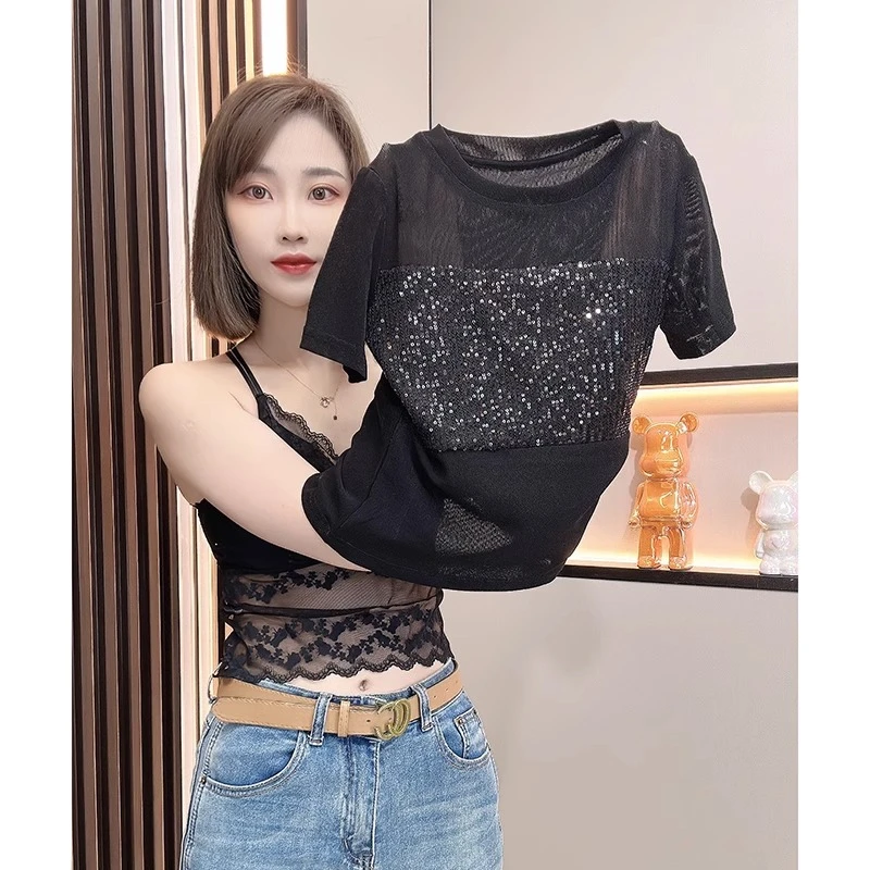 黑色重工亮片网纱短袖t恤女夏季修身短款上衣服洋气减龄漂亮小衫