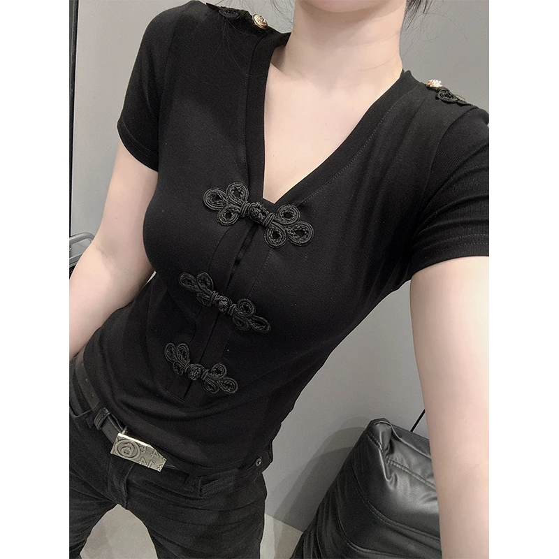 中国风复古盘扣V领短袖t恤女欧货夏季时尚百搭紧身上衣半袖小衫潮