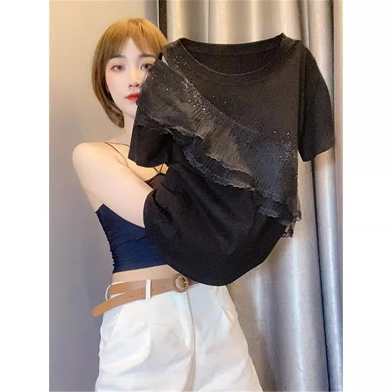 洋气荷叶边拼接短袖t恤女夏季重工烫钻半袖上衣时尚减龄露肩小衫