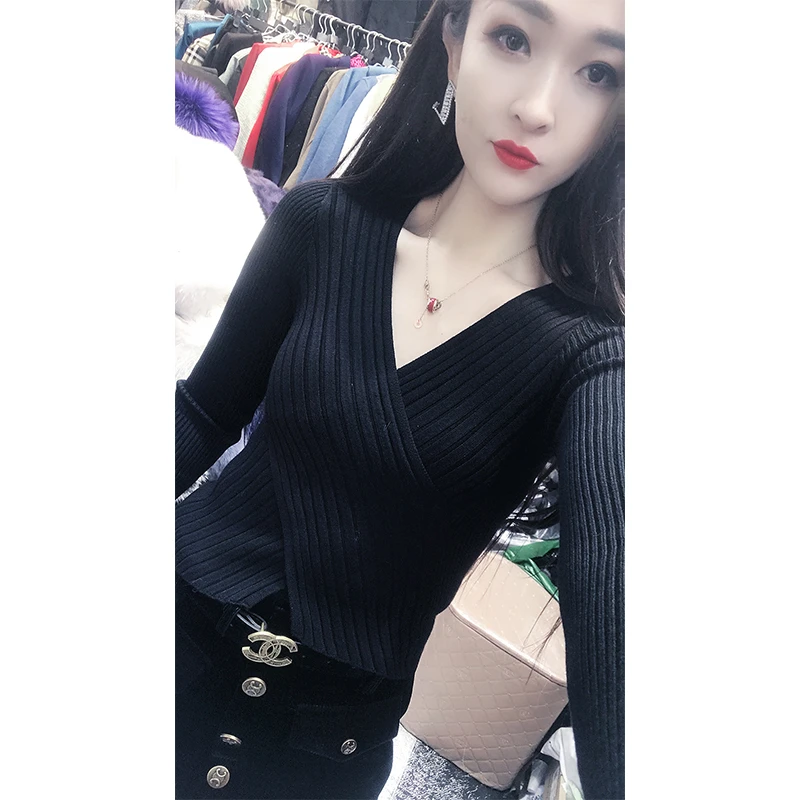 欧洲站秋冬新款V领长袖毛衣女交叉百搭上衣时尚不规则针织打底衫