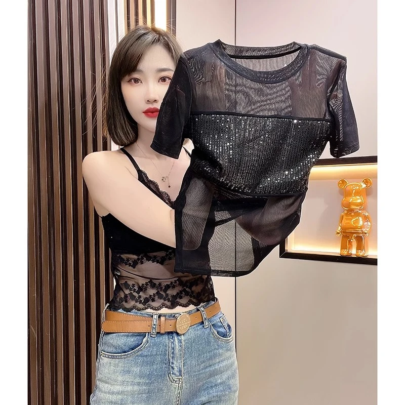 重工亮片微透网纱短袖t恤女夏季薄款设计感开叉上衣弹力修身小衫