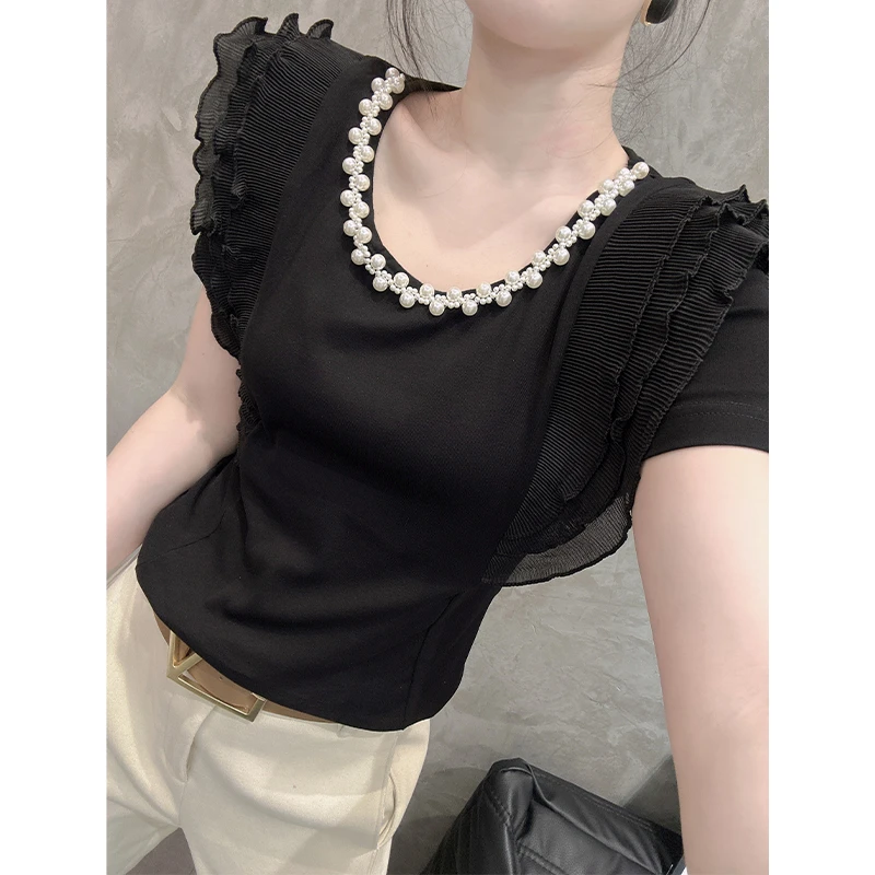 重工钉珠修身短袖t恤女2024夏季显瘦荷叶边上衣气质减龄半袖小衫