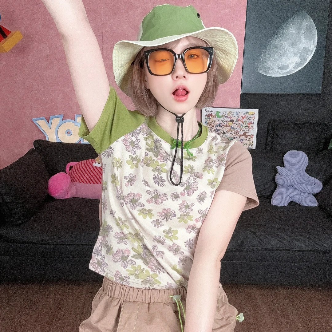 Apr.【野小花】拼接AB面时尚数码印夏季减龄圆领显瘦百搭T恤24ST063