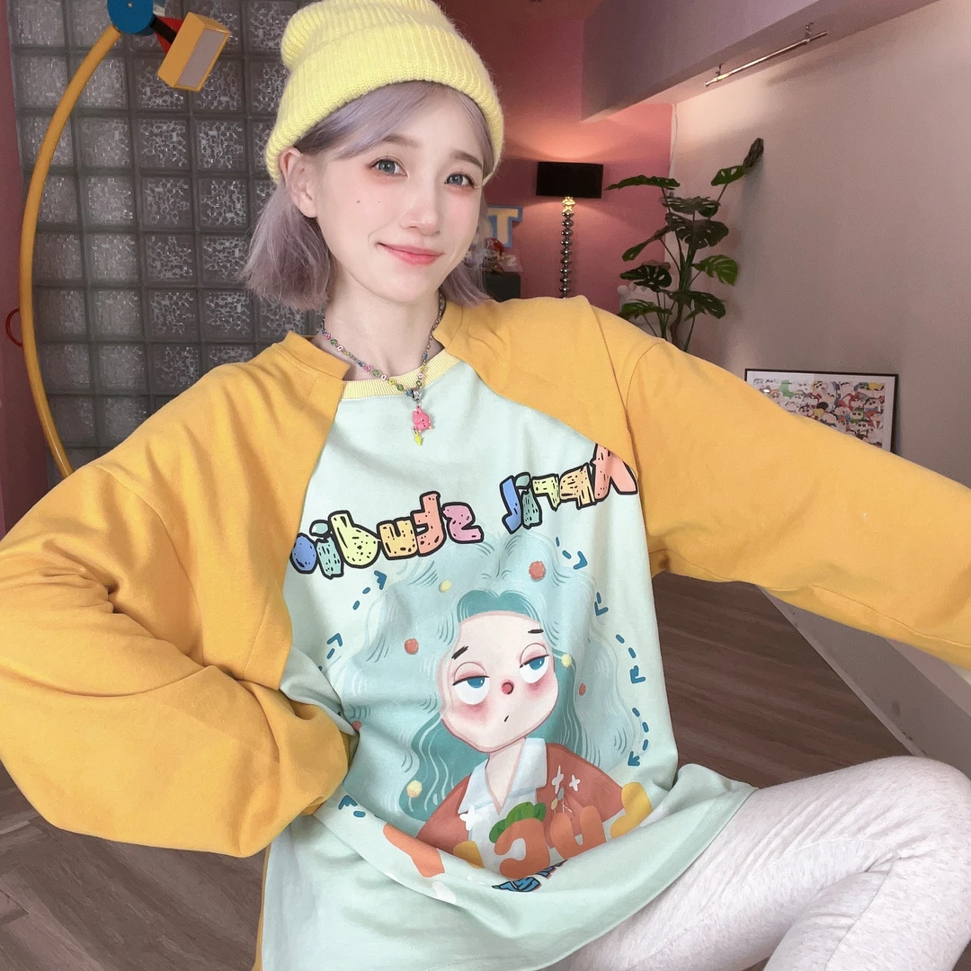 Apr.【南瓜薄荷】磨毛加厚擦肩袖薄荷波浪头女孩宽松卫衣时尚印花T