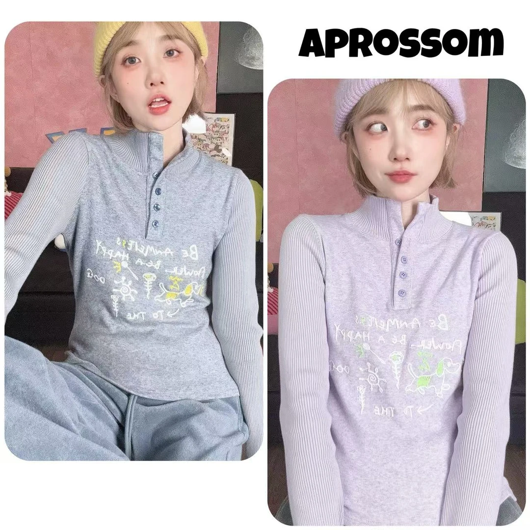 Apr.【简笔画】立领拼接加厚立体刺绣保暖休闲时尚卫衣T恤女25F029