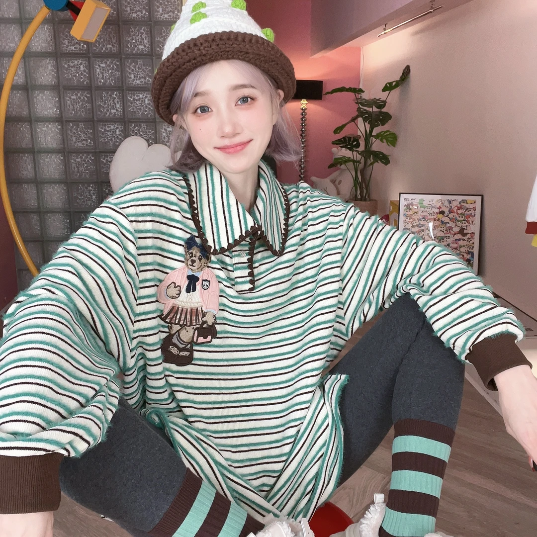 Apr.【泰迪粉熊】丝绒水貂毛小熊开叉翻领套头大衬衣柔软舒适卫衣T