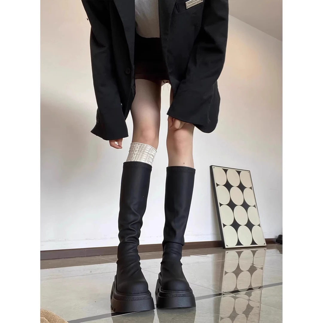 辣妹长靴女松糕厚底弹力瘦瘦靴小个子增高显瘦高筒骑士靴女潮
