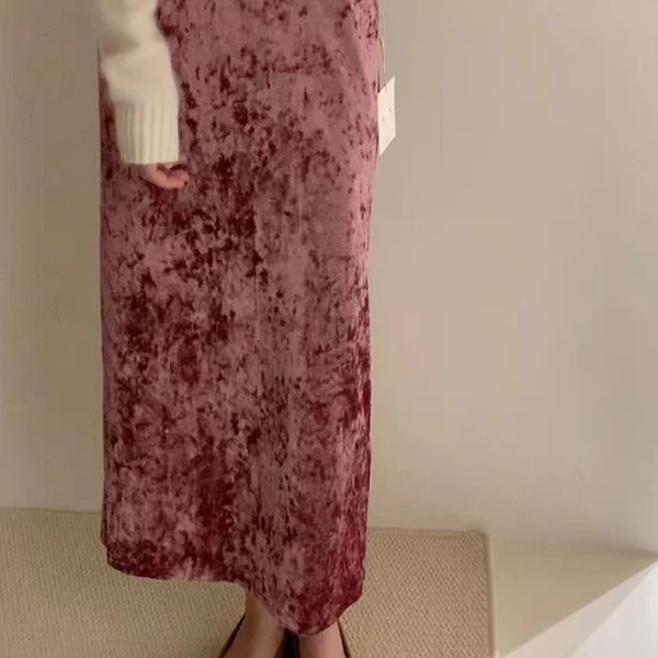 复古松紧半身裙秋冬女显瘦a字半身长裙加绒加厚后开叉洋气