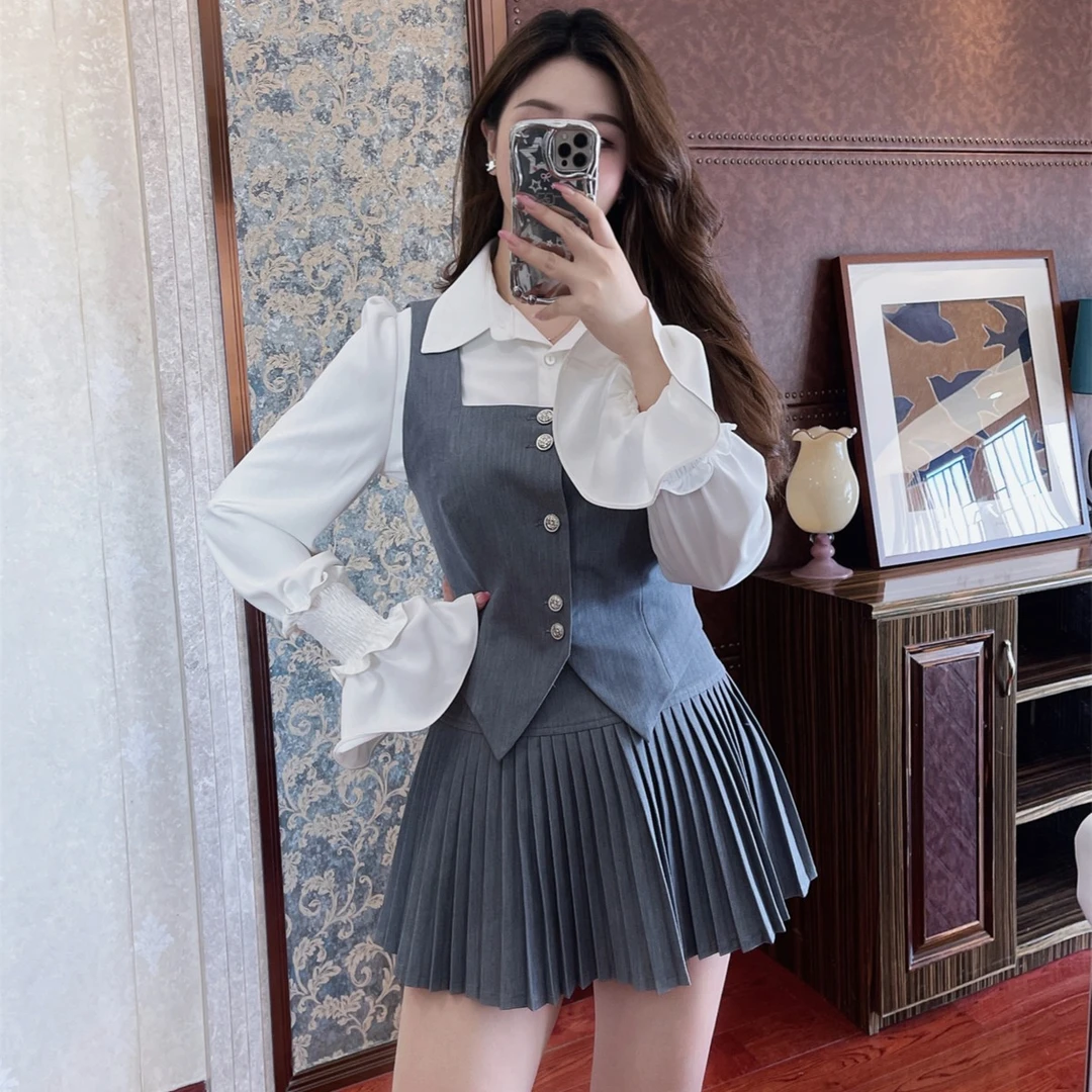 09.26微胖穿搭女胖mm大码秋季 时尚学院风显瘦两件套马甲半裙套装