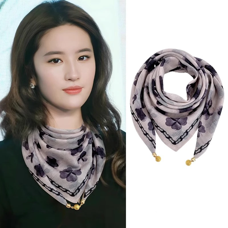 磁吸扣仿棉麻小方巾女丝巾四季装饰领巾秋冬保暖围脖春季韩剧围巾