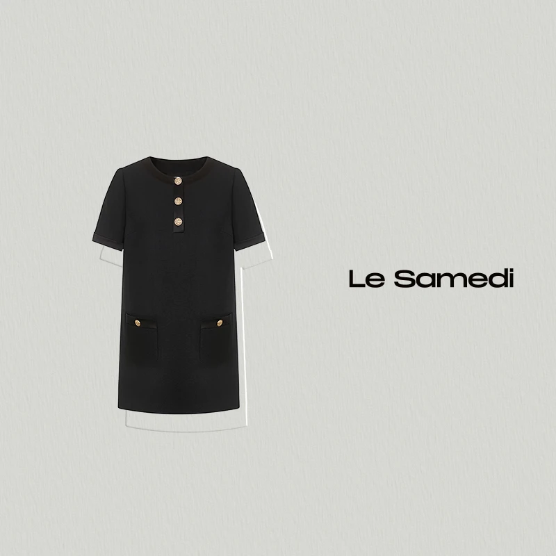 Le Samedi｜都市银座名伶 琎口醋酸仿麻拼缎小香风短袖连衣裙