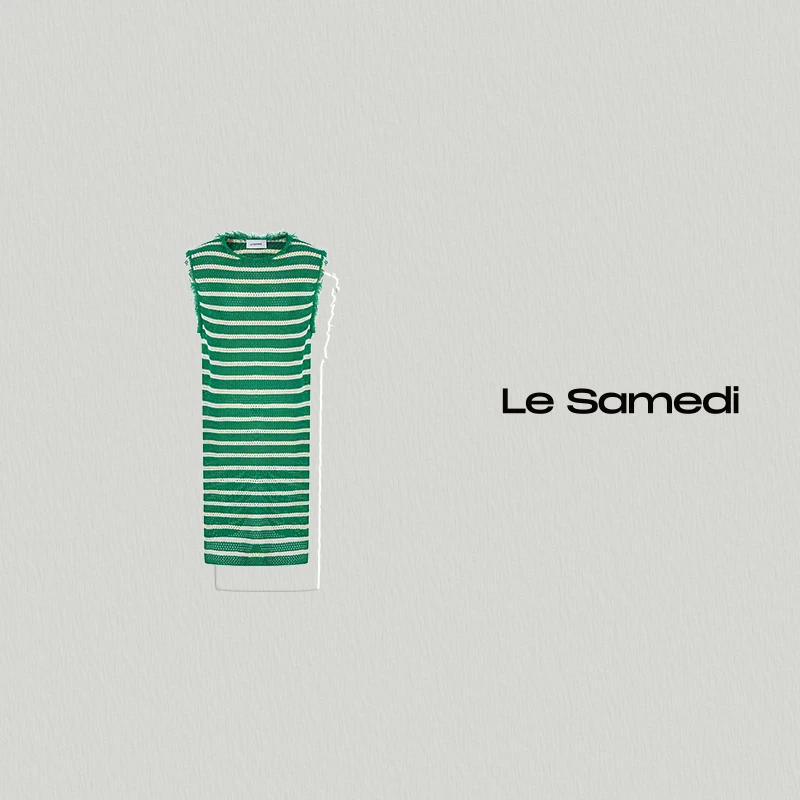 Le Samedi｜微醺色彩 巴黎风显瘦条纹撞色无袖毛边度假亚麻连衣裙