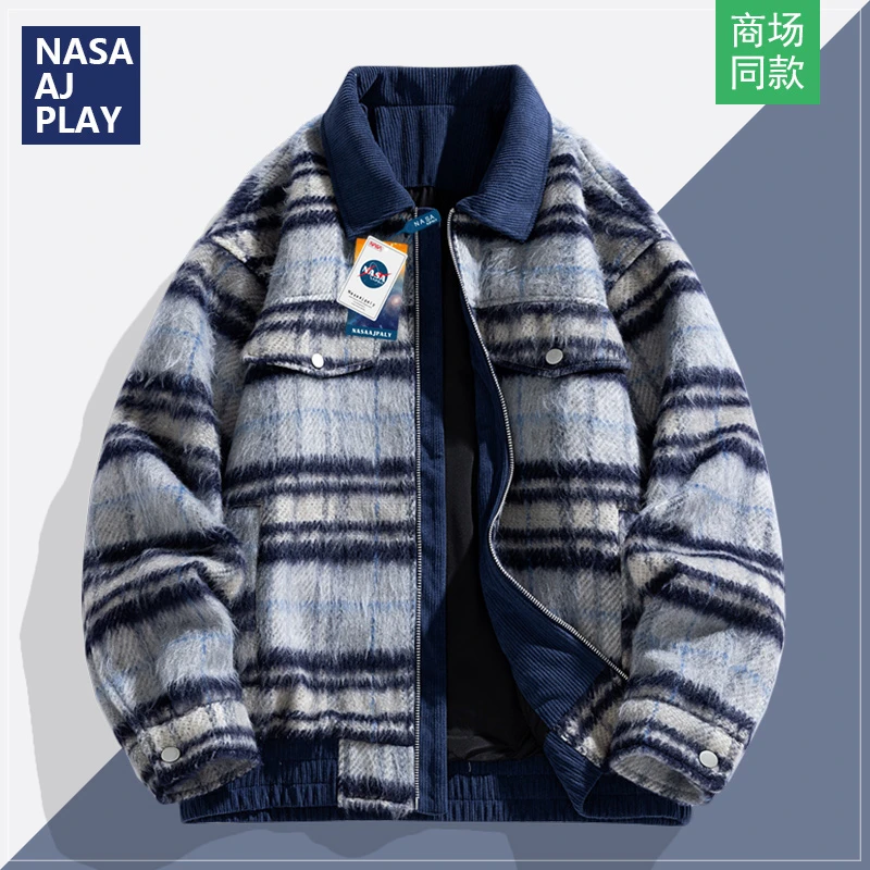 NASA美式复古格子毛呢外套男2024秋冬新款潮牌宽松休闲棒球服夹克