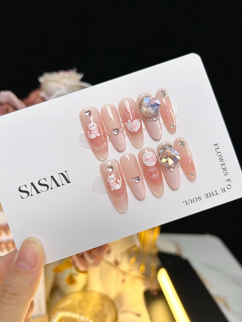 【穿戴甲】脏脏猫纯手工少女粉嫩氛围感法式小猫蜜桃可可时尚穿戴甲