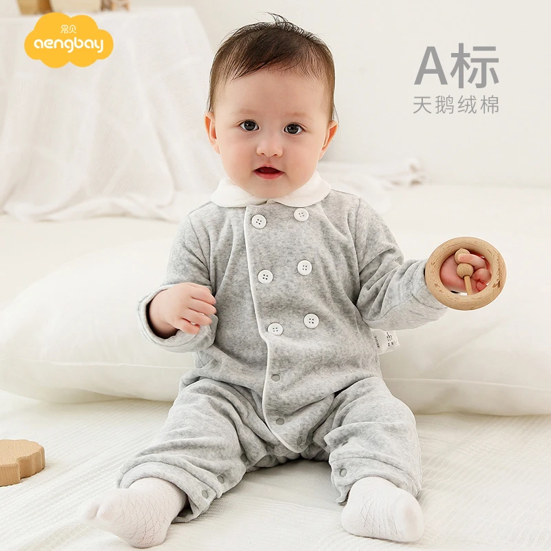 Aengbay婴儿连体衣秋冬天鹅绒保暖新生儿外出抱衣爬服萌宝宝冬装