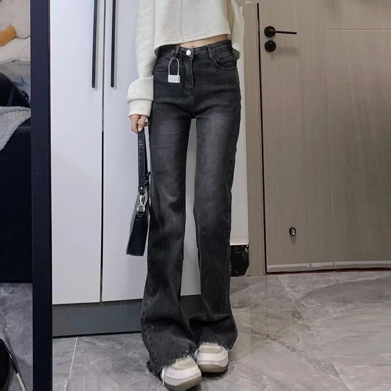 微喇叭牛仔裤女梨型身材大码胖mm高腰显瘦弹力修身毛边马蹄长裤子