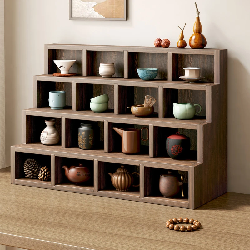 实木格子茶杯架茶道紫砂壶摆放架壁挂式多宝阁茶台桌面博古架小型