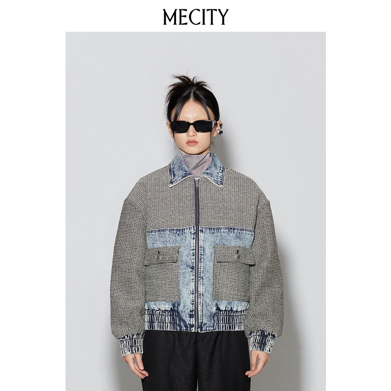 MECITY冬季新款粗纺拼接休闲宽松牛仔夹克街头复古外套女537772