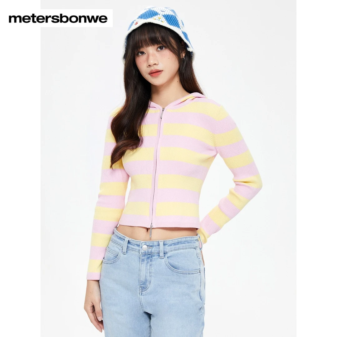 美特斯邦威毛衣女士甜美复古条纹针织衫时髦连帽开衫上衣女719522
