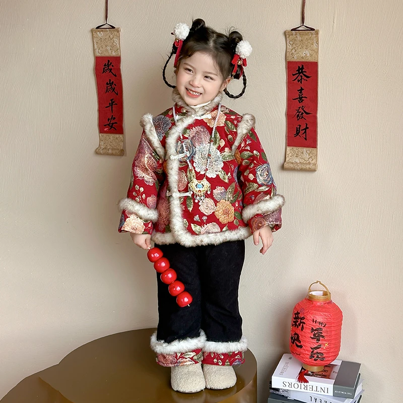 女童拜年服儿童新中式服装过年服小女孩汉服冬款加绒新年衣服唐装