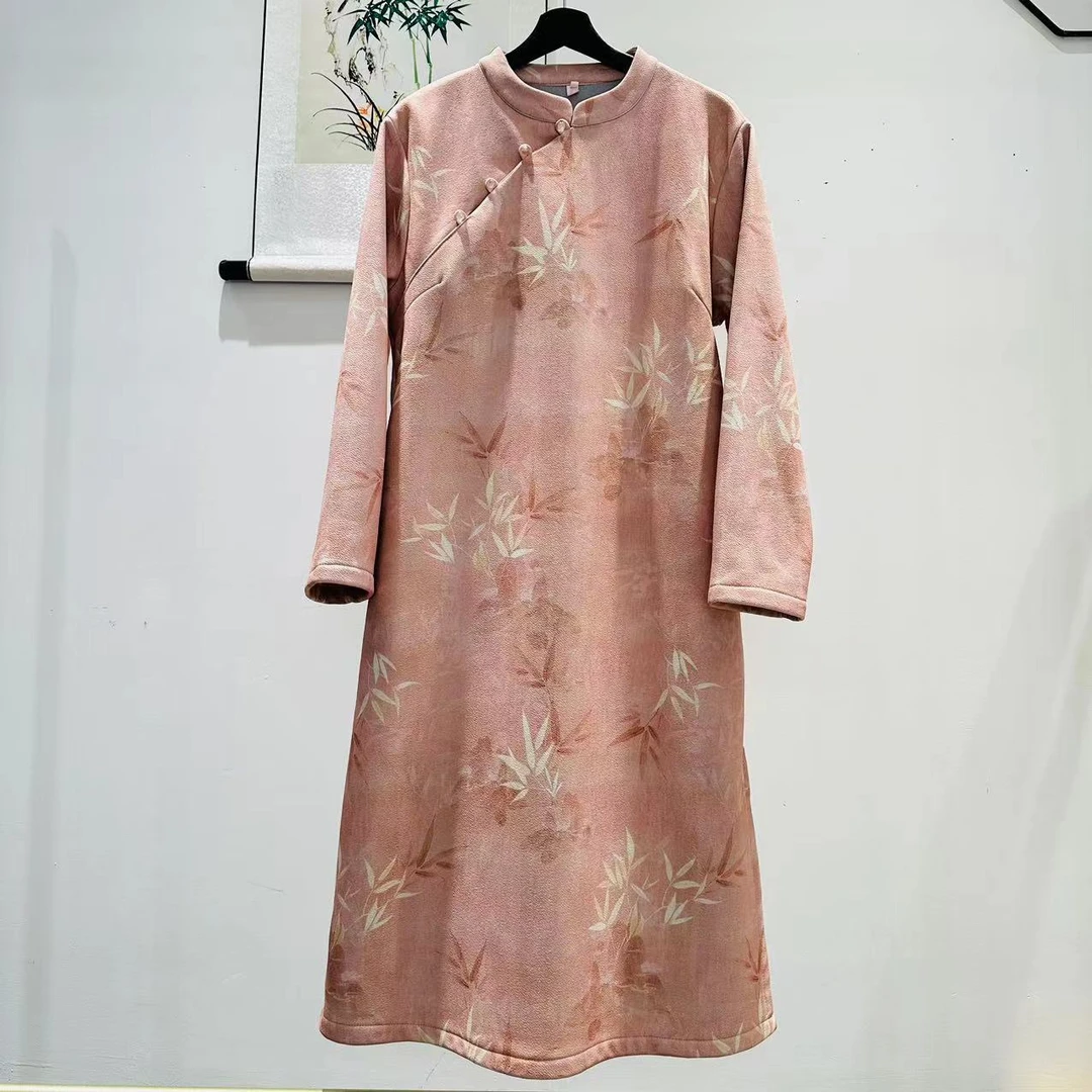 六宫粉黛 加绒加厚旗袍国风高端印花大码长裙连衣裙长袖秋冬