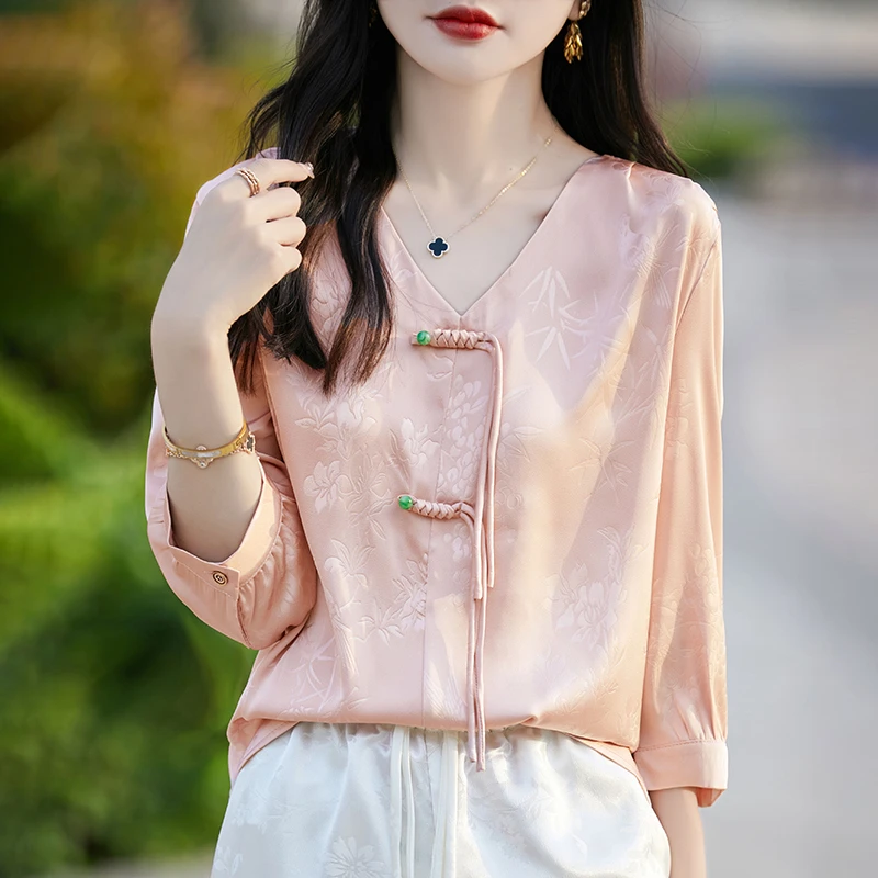 新中式国风V领五分袖衬衫夏季时尚提花盘扣薄款半袖上衣
