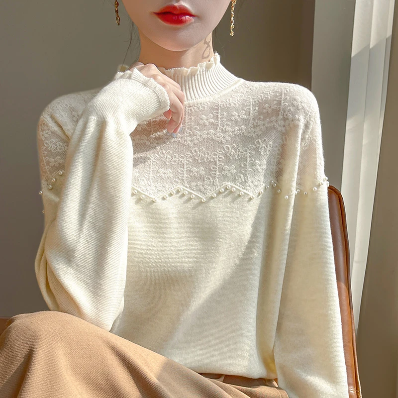 木耳花边半高领长袖针织衫秋冬洋气提花柔软打底衫女