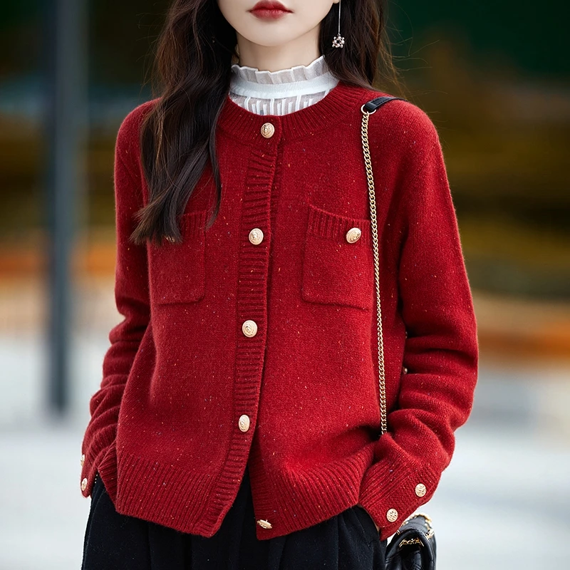 新品小香风外套羊毛针织开衫点子纱洋气毛衣外套红色气质短款上衣