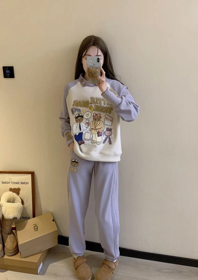 加绒【2025款】订单 小熊部落翻领防风面料卫衣卫裤套装 9128