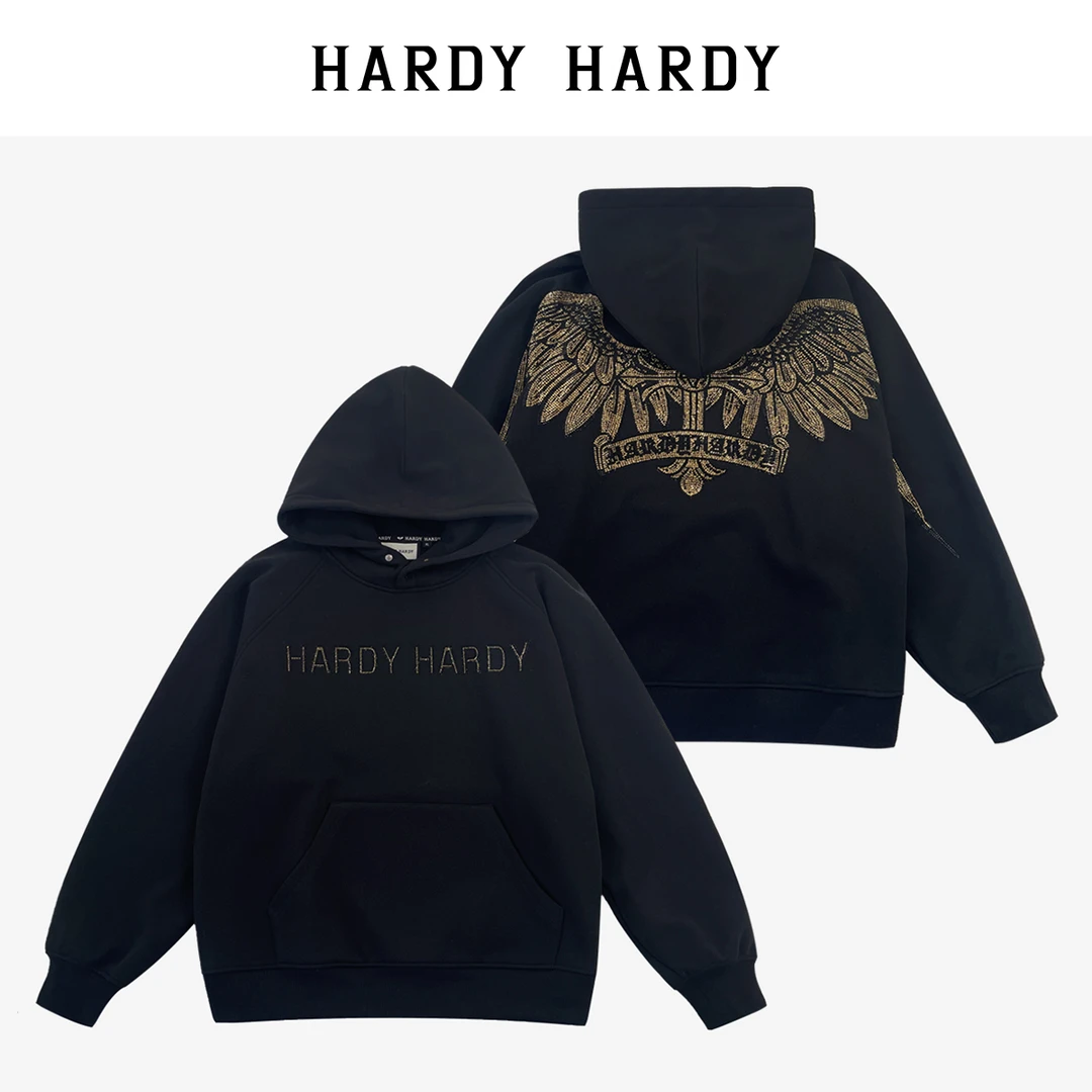 HARDY HARDY潮牌早春新款重工烫钻黑金翅膀加绒卫衣男女休闲