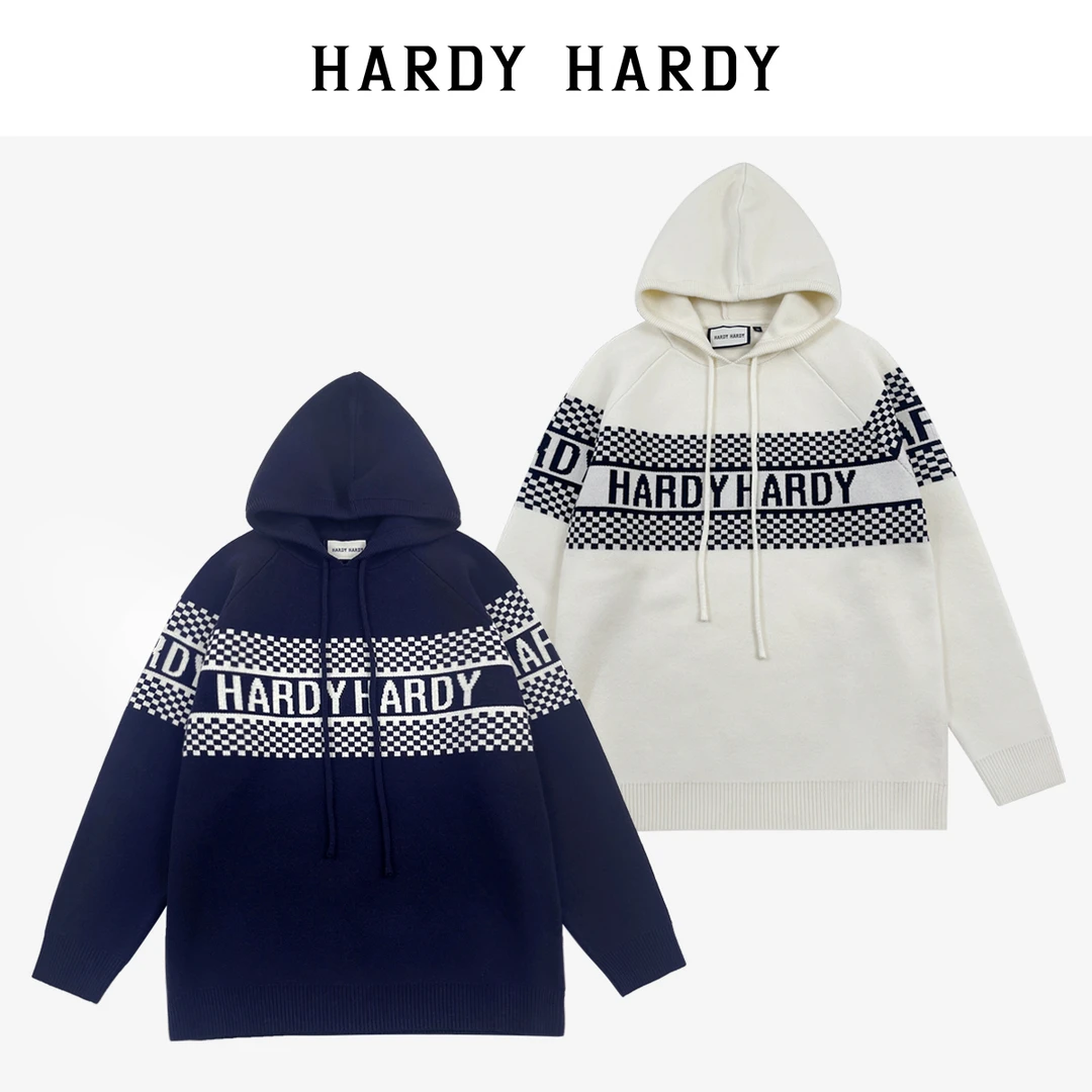HARDYHARDY秋冬新款潮牌棋盘格男女同款连帽套头休闲加绒针织毛衣