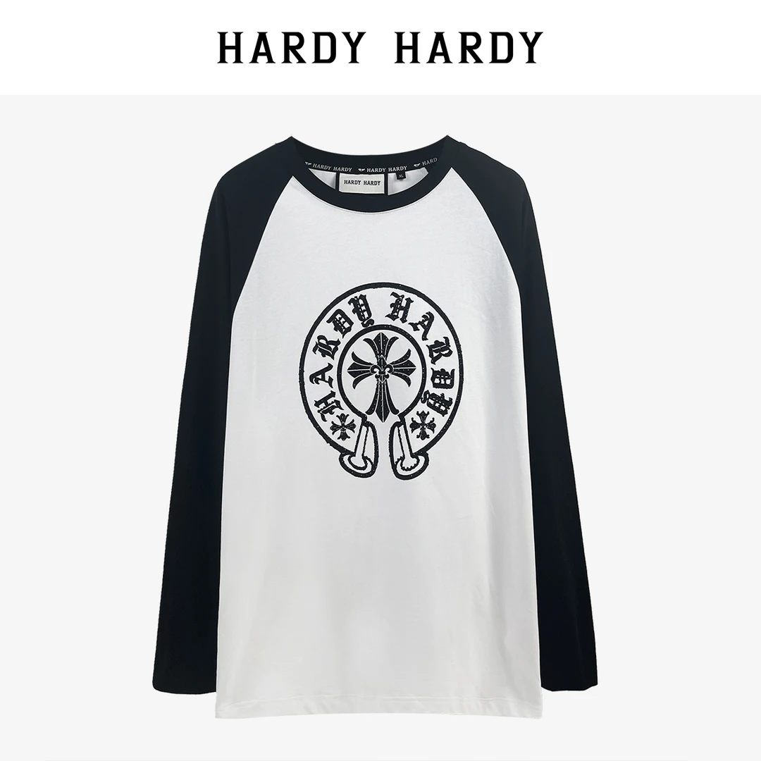 HARDYHARDY2024春季潮牌烫钻字母十字架长袖情侣T恤男女上衣【DB】