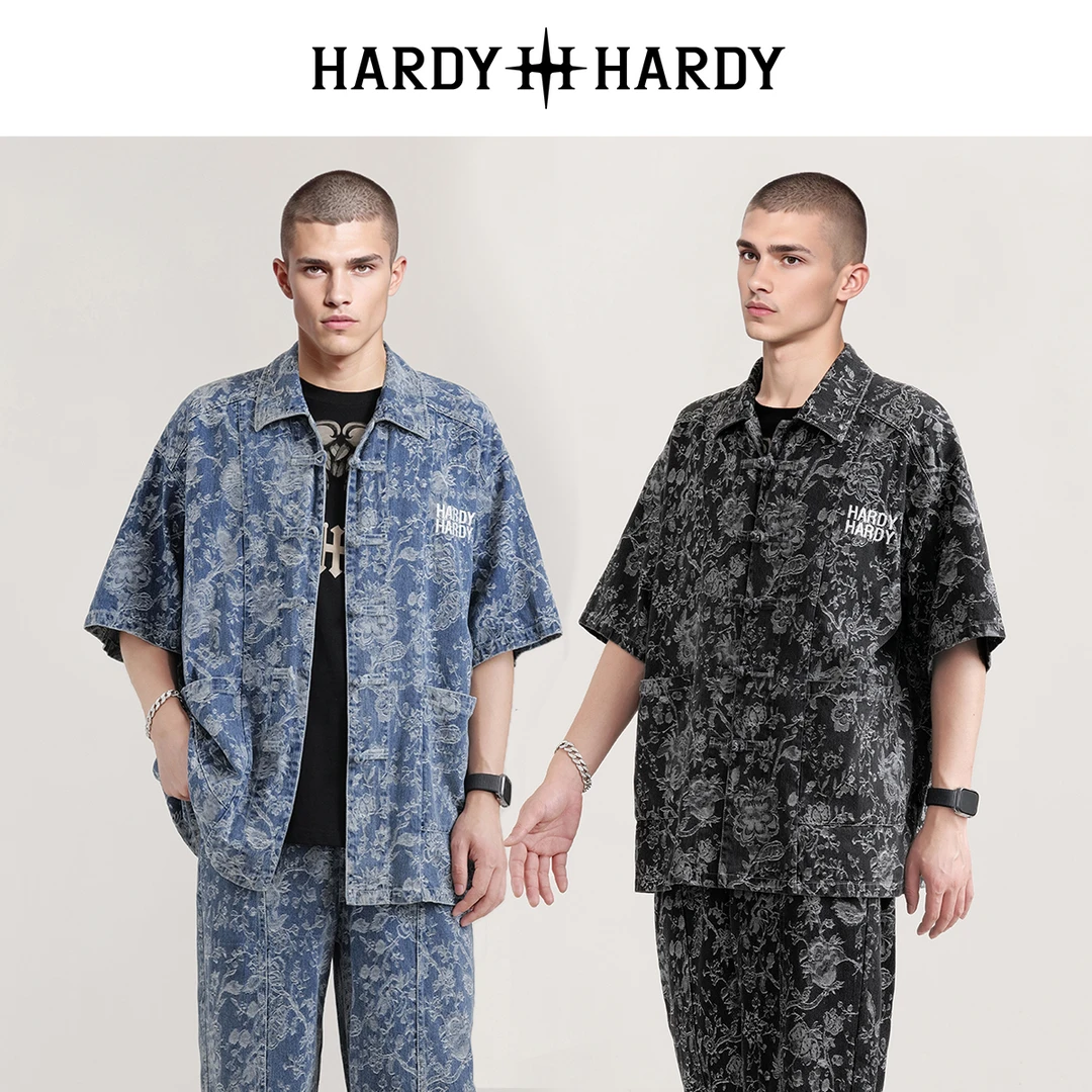 HARDYHARDY新中式国风盘扣烫钻牛仔短袖衬衫上衣男女同款