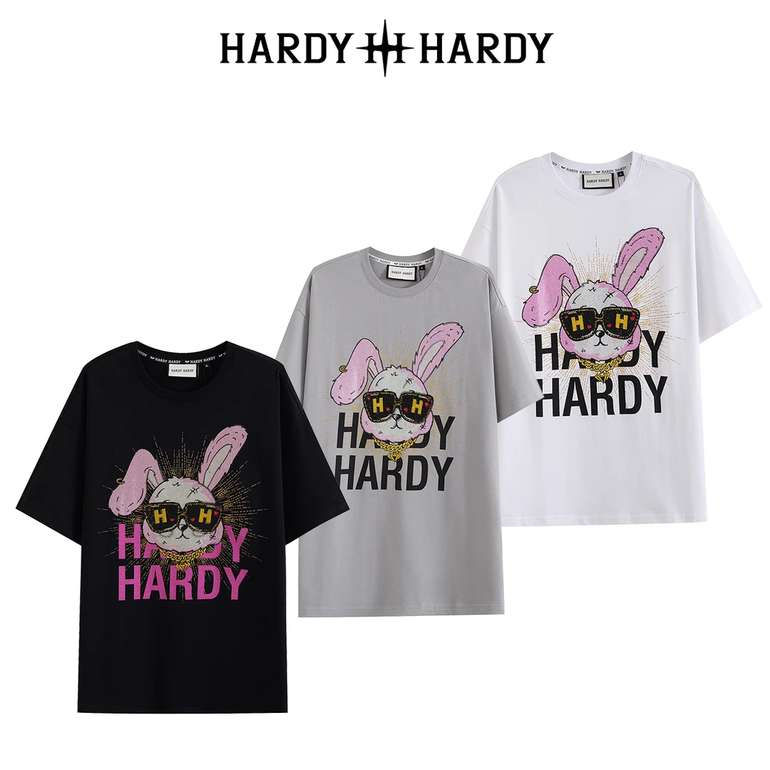 HARDYHARDY烫钻时尚圆领潮牌折耳兔宽松情侣款短袖T恤