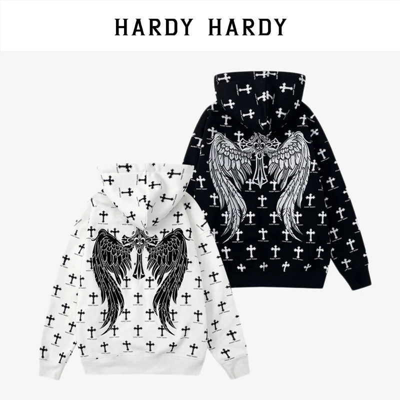 HARDYHARDY印花字母刺绣翅膀加绒加厚开衫连帽卫衣男女同款外套