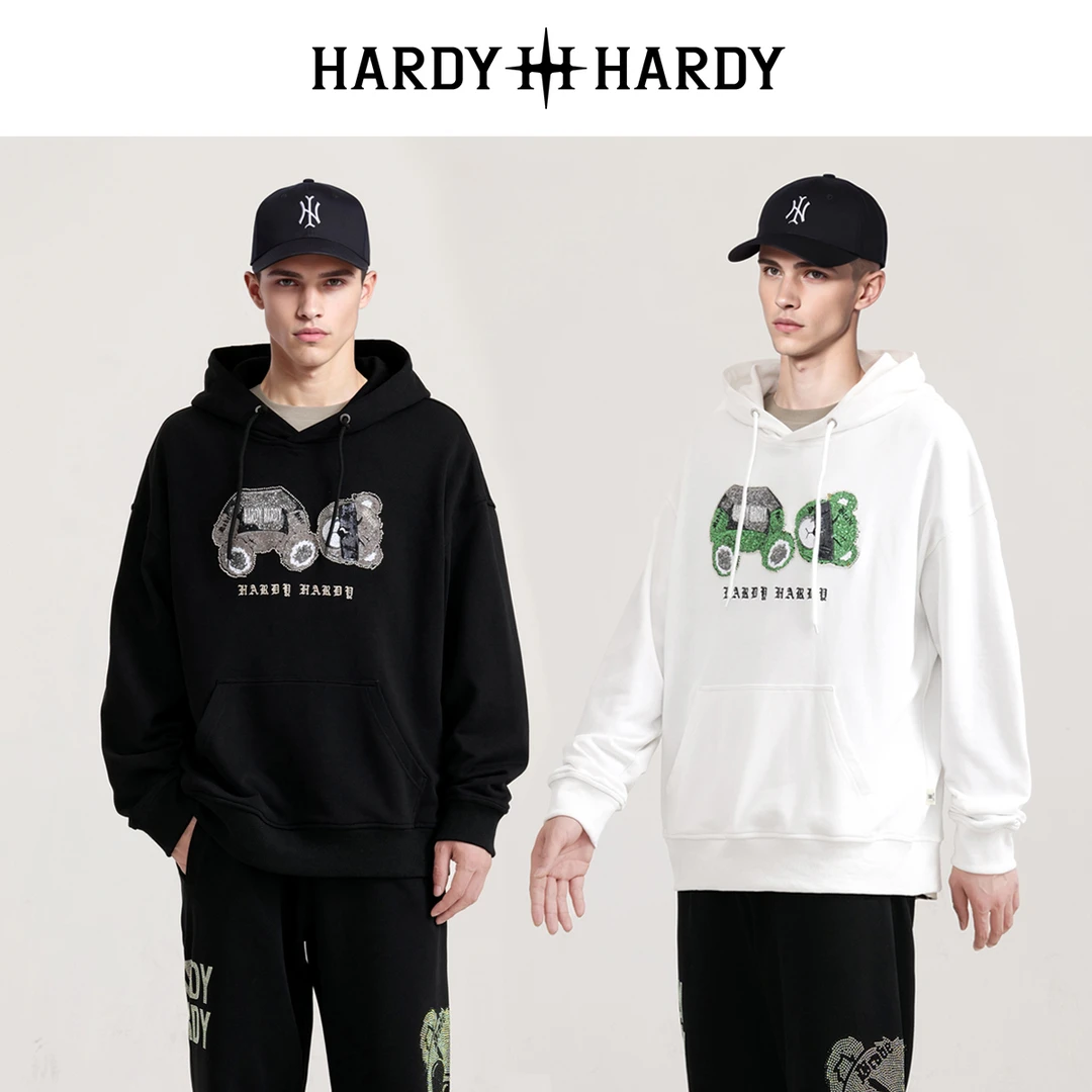 HARDY HARDY趣味恶搞小熊系列烫钻连帽卫衣纯棉中性风 秋季新款