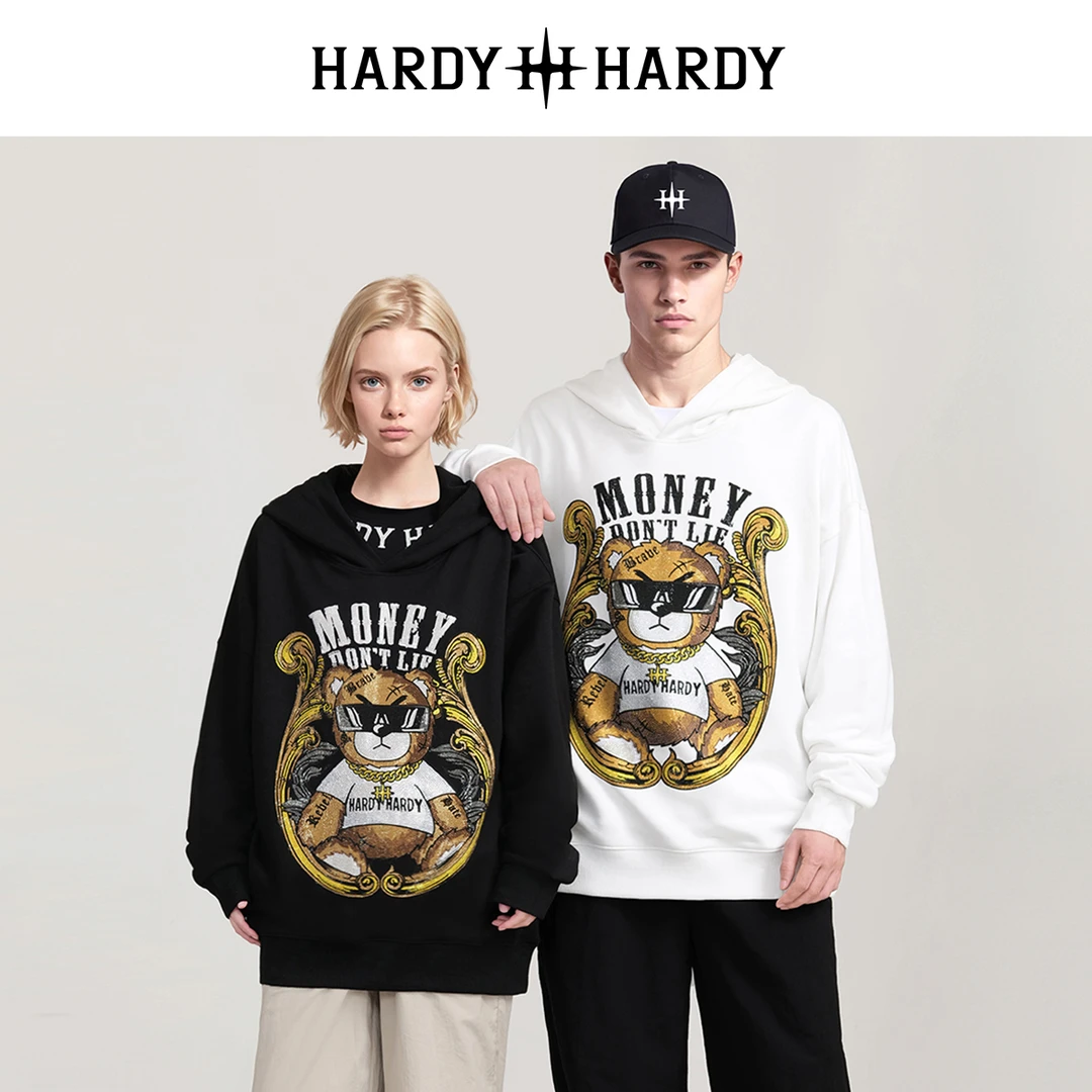 秋冬潮流卡通字母烫钻小熊情侣连帽卫衣男女同款帽衫