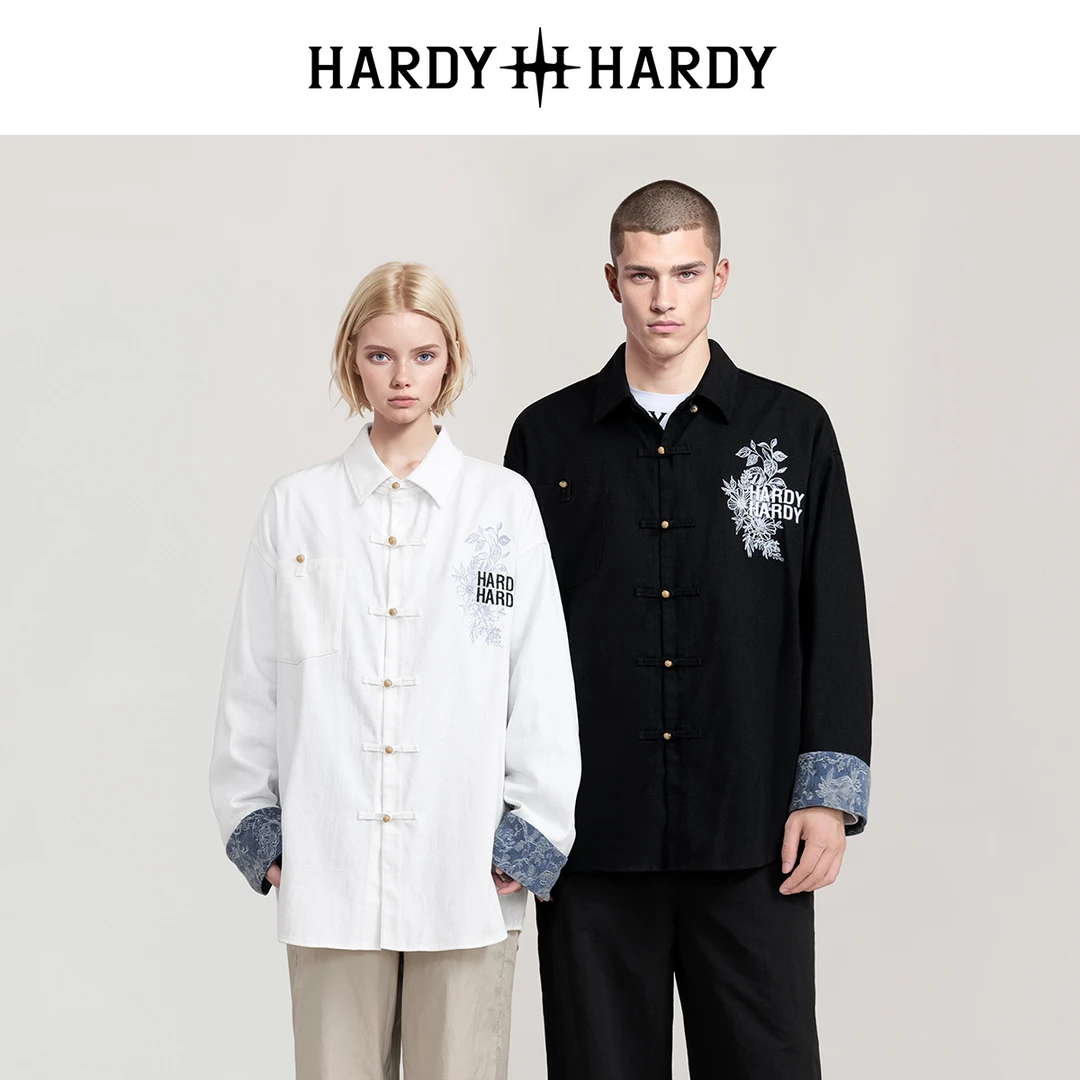 HARDYHARDY秋季新款中国风烫钻绣花拼色衬衫男女同款上衣