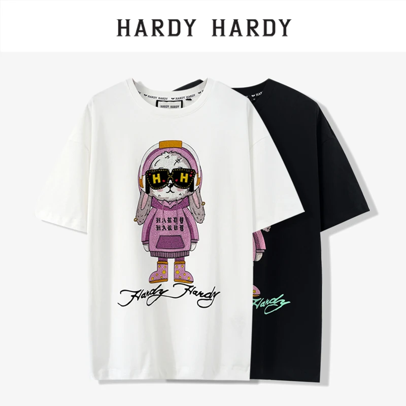 HARDYHARDY烫钻垂耳兔宽松潮牌2023夏季新款T恤男女同款情侣